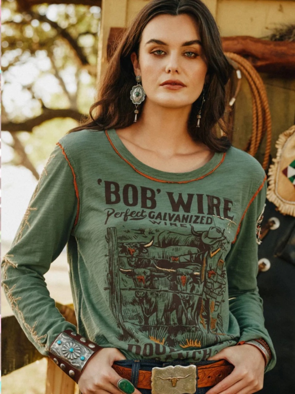 NWT Double D Ranch "Bob Wire" long sleeve green embroidered cotton shirt sz 2X